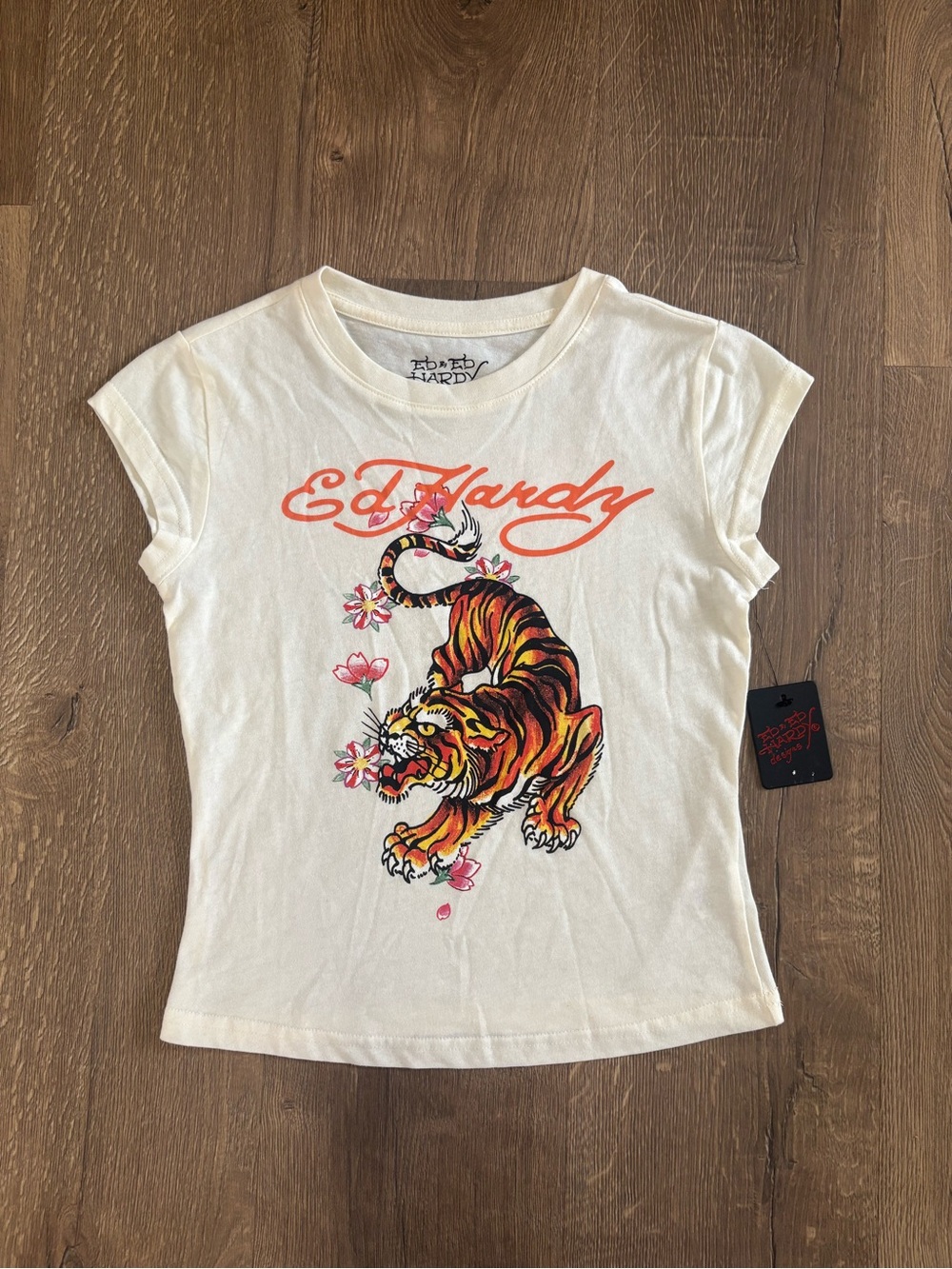 Ed Hardy Cream Tee with Orange & Yellow Tiger Graphic